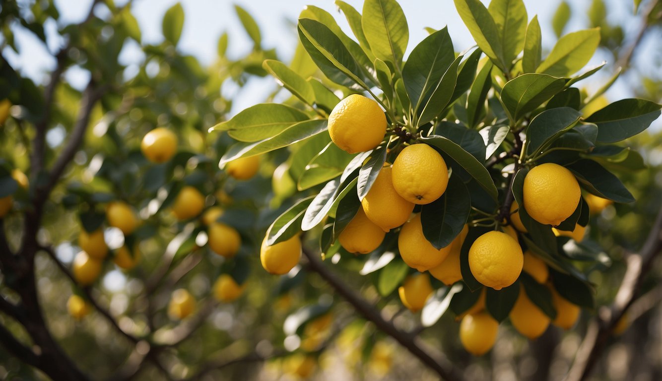 A Meyer lemon tree with yellowing leaves, a sign reads "Frequently Asked Questions: Meyer Lemon Tree Yellow Leaves."