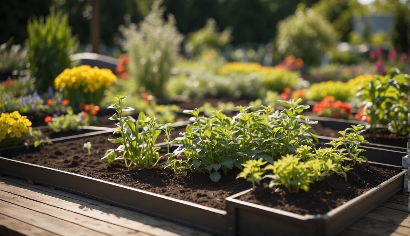 A garden bed with labeled sections for perennials and annuals, featuring pepper plants in both areas. The perennials are thriving with established roots, while the annuals show signs of new growth