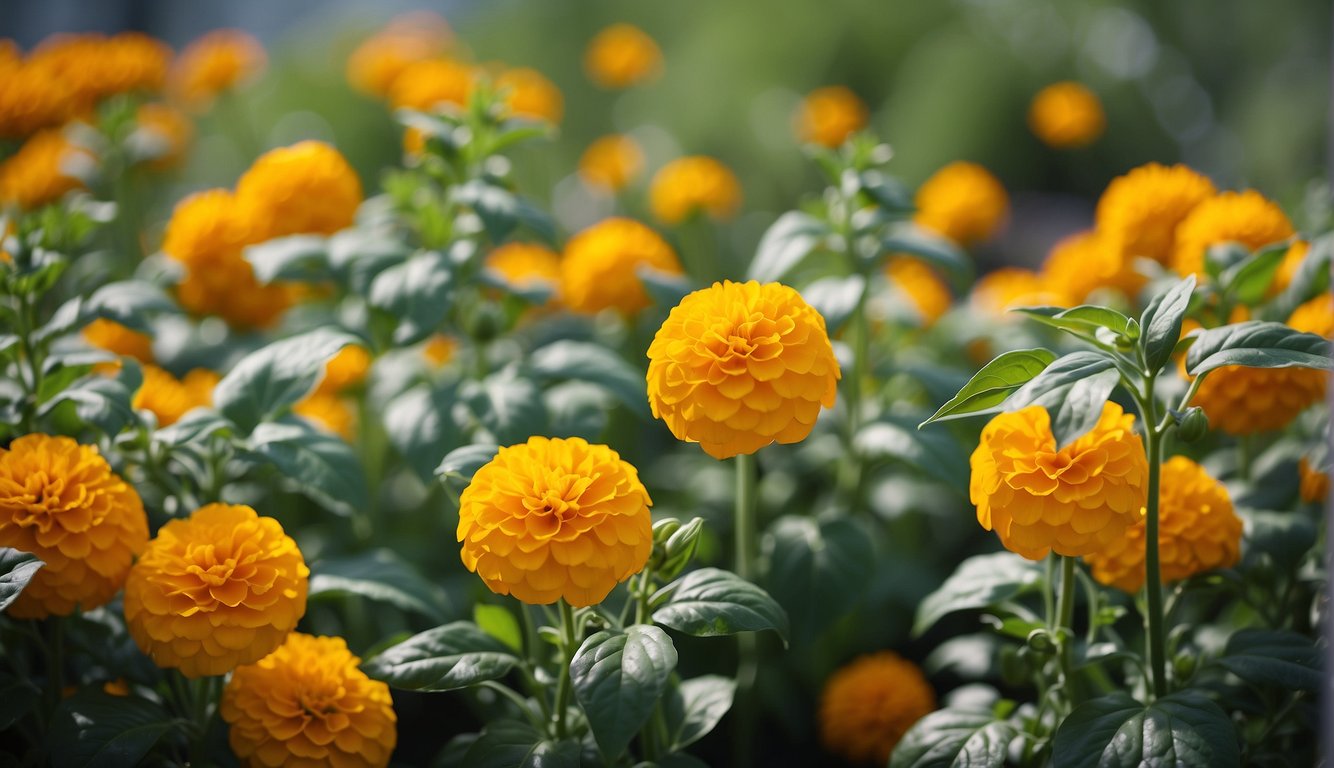 Pepper plants thrive among marigolds and basil. Nearby, other crops rotate annually