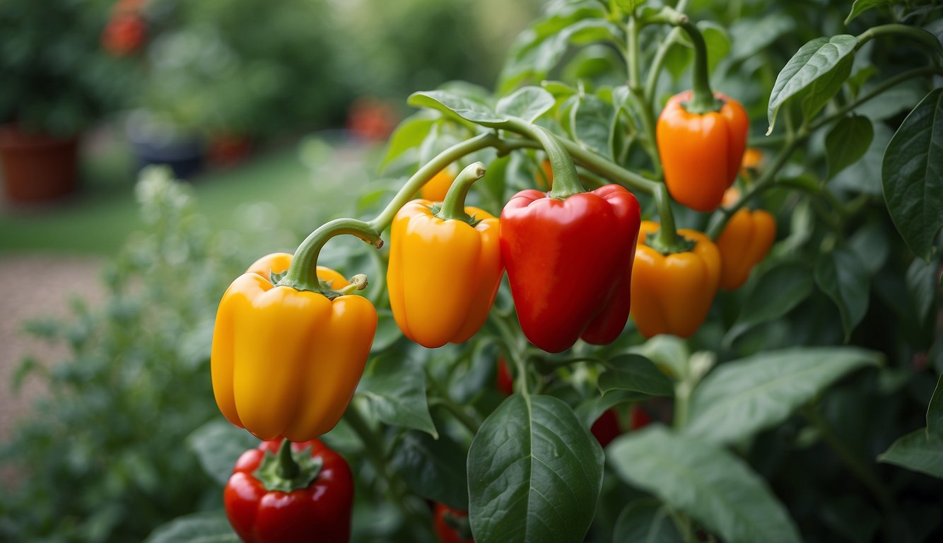 Peppers growing in a garden, surrounded by green foliage and blooming flowers