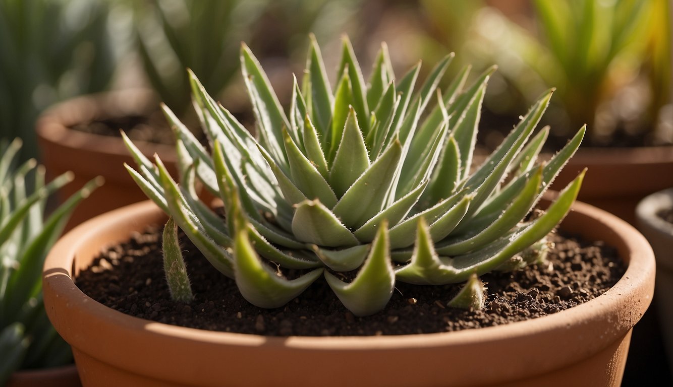 Rich, well-draining soil mix of 50% sand or perlite, 40% potting soil, and 10% compost. Display aloe vera plant in a terracotta pot with good drainage