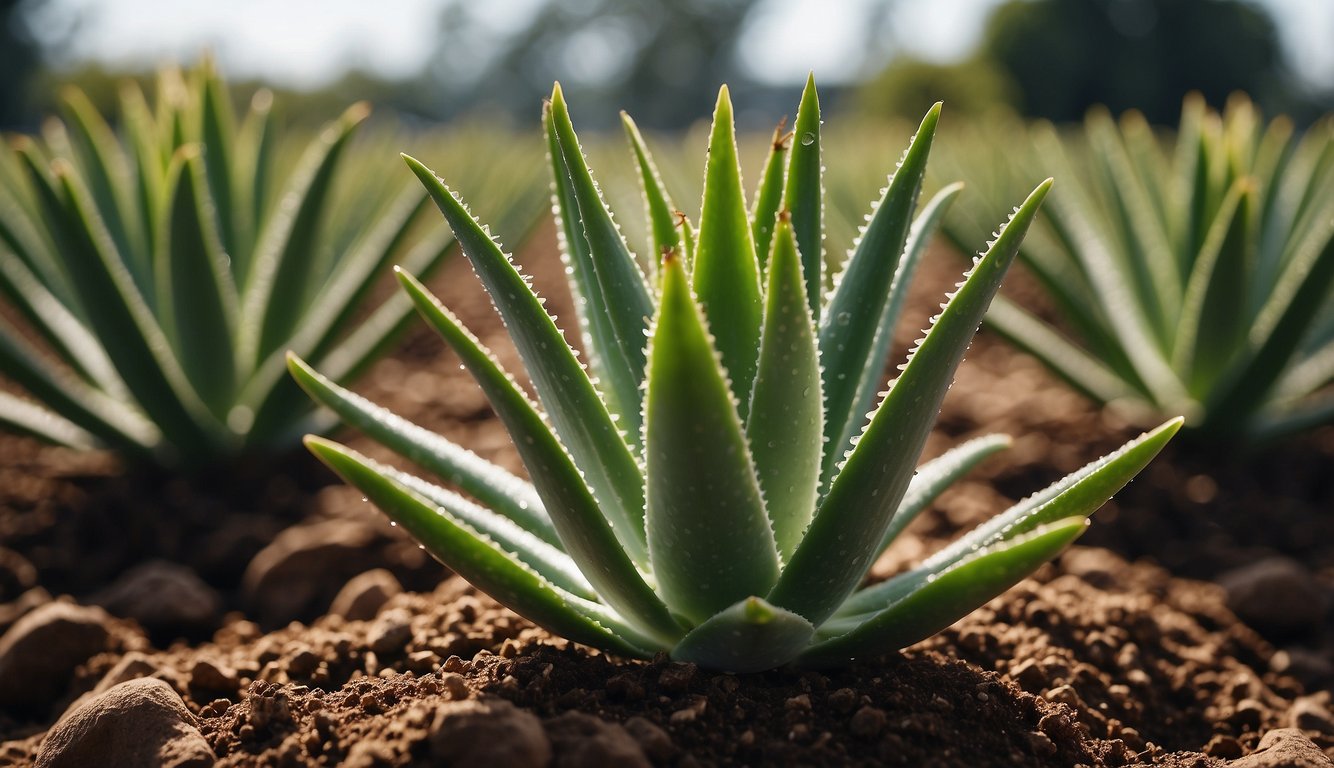 Aloe vera plant in rich, moist soil receives water and nutrients