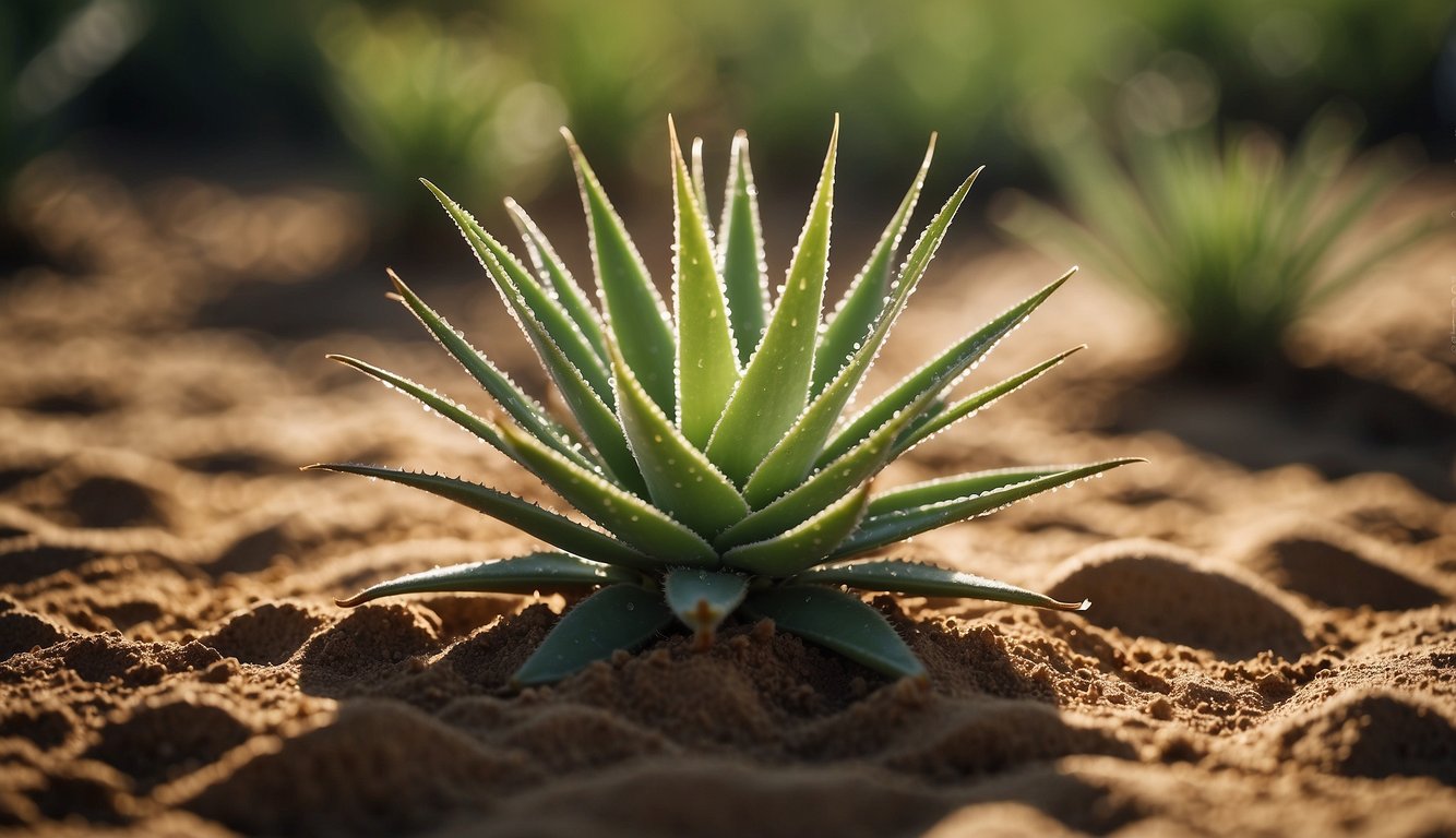 Aloe vera plant in well-draining, sandy soil with minimal moisture. Bright sunlight and occasional watering