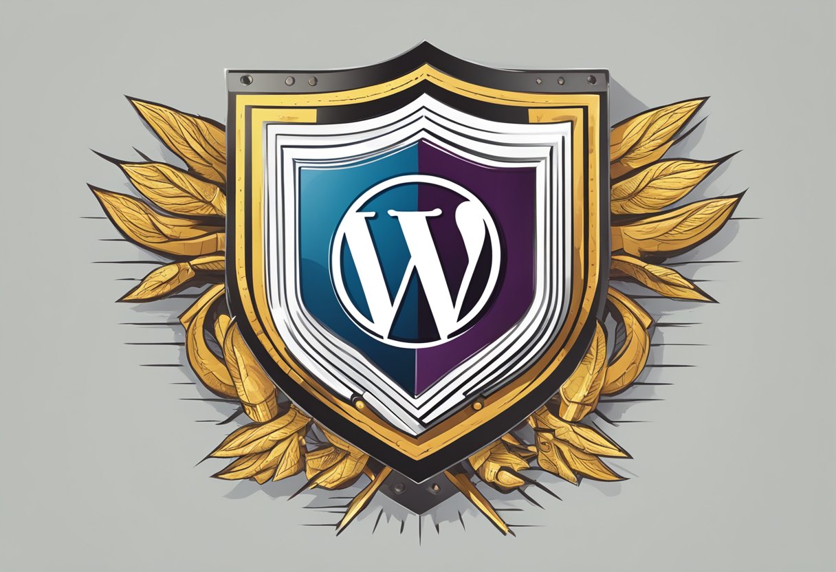 A shield with a WordPress logo deflecting incoming malware attacks