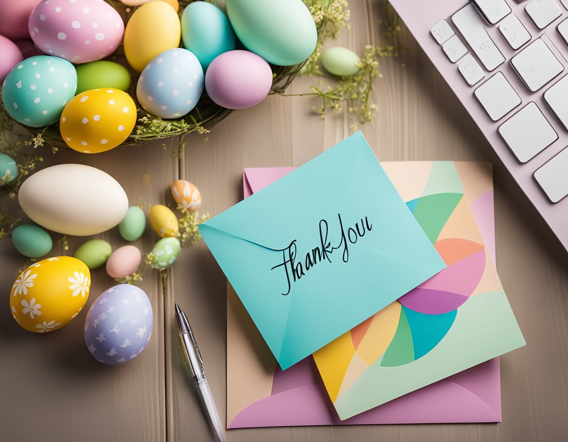 A table with colorful Easter-themed thank you cards, envelopes, and pens ready to be written on
