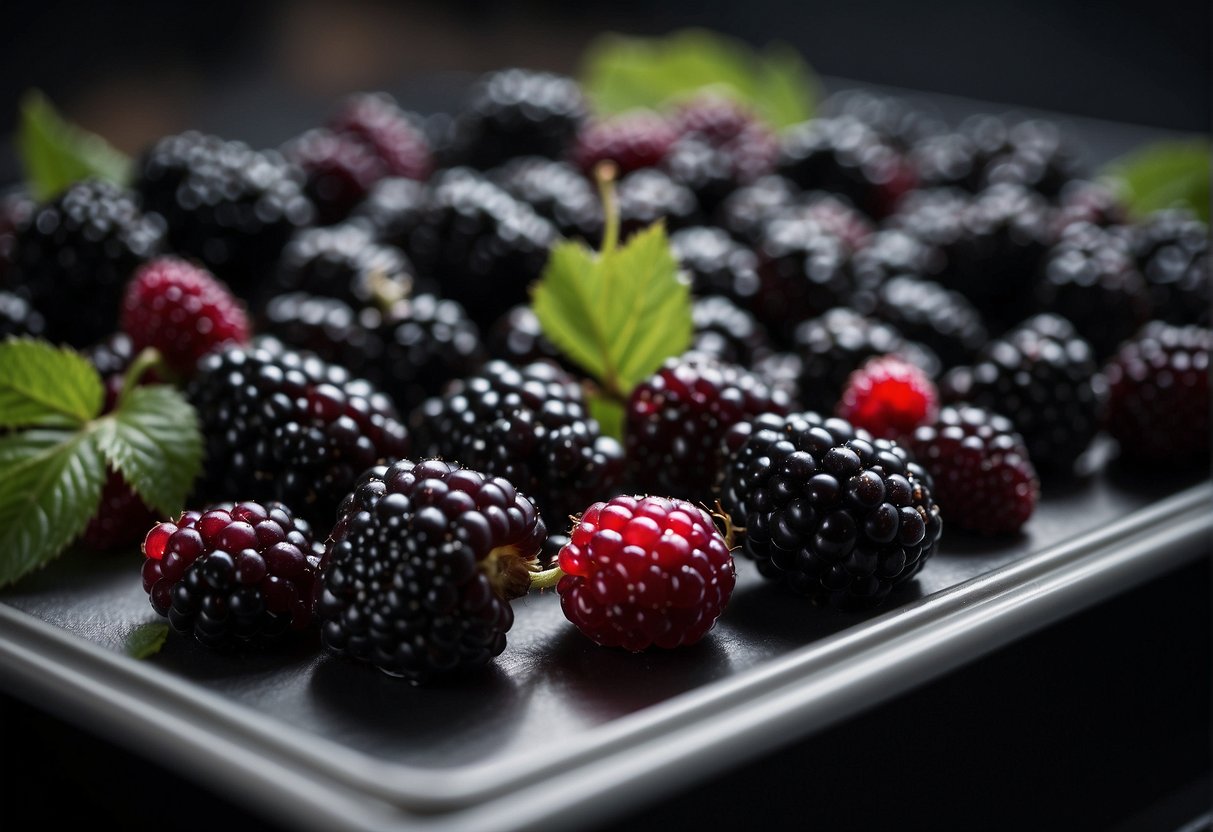 Ripe blackberries placed on a baking sheet, spread out in a single layer, then placed in the freezer