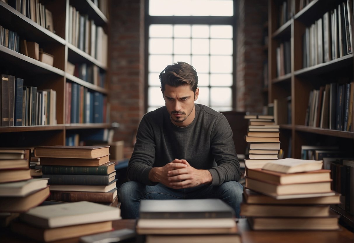 A person sits in a quiet room, surrounded by books and a notebook. They are deep in thought, with a determined expression on their face, ready to tackle their personal goals
