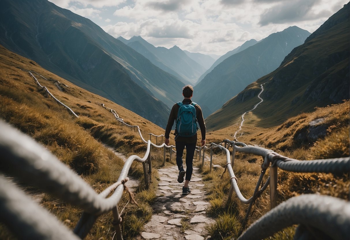 A person overcoming obstacles, surrounded by mountains and a winding path