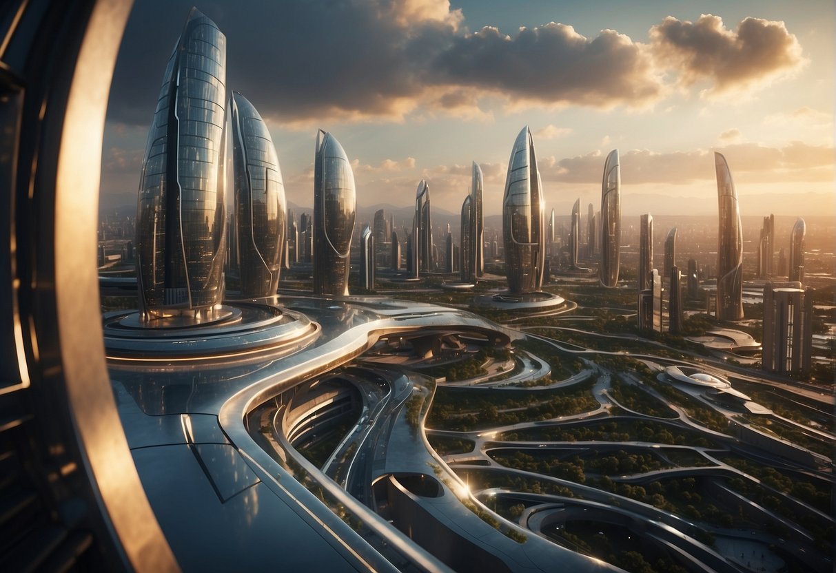 A futuristic city with sleek, innovative architecture and bustling with advanced technology and energy