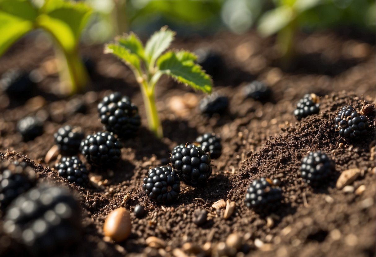 Blackberry seeds are sown into rich, well-drained soil in a sunny garden bed. Mulch is spread around the base of the plants to retain moisture