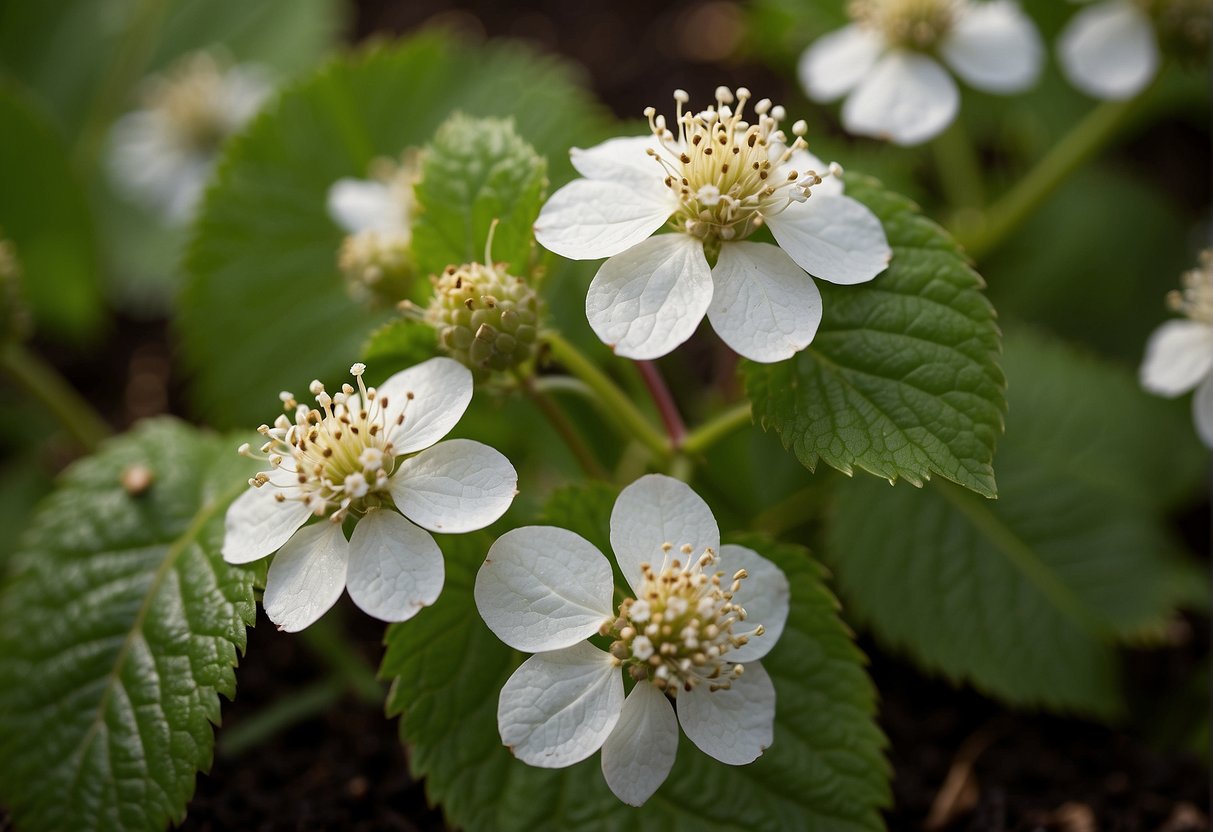 Blackberry seeds are carefully planted in rich soil, surrounded by lush green leaves and delicate white flowers