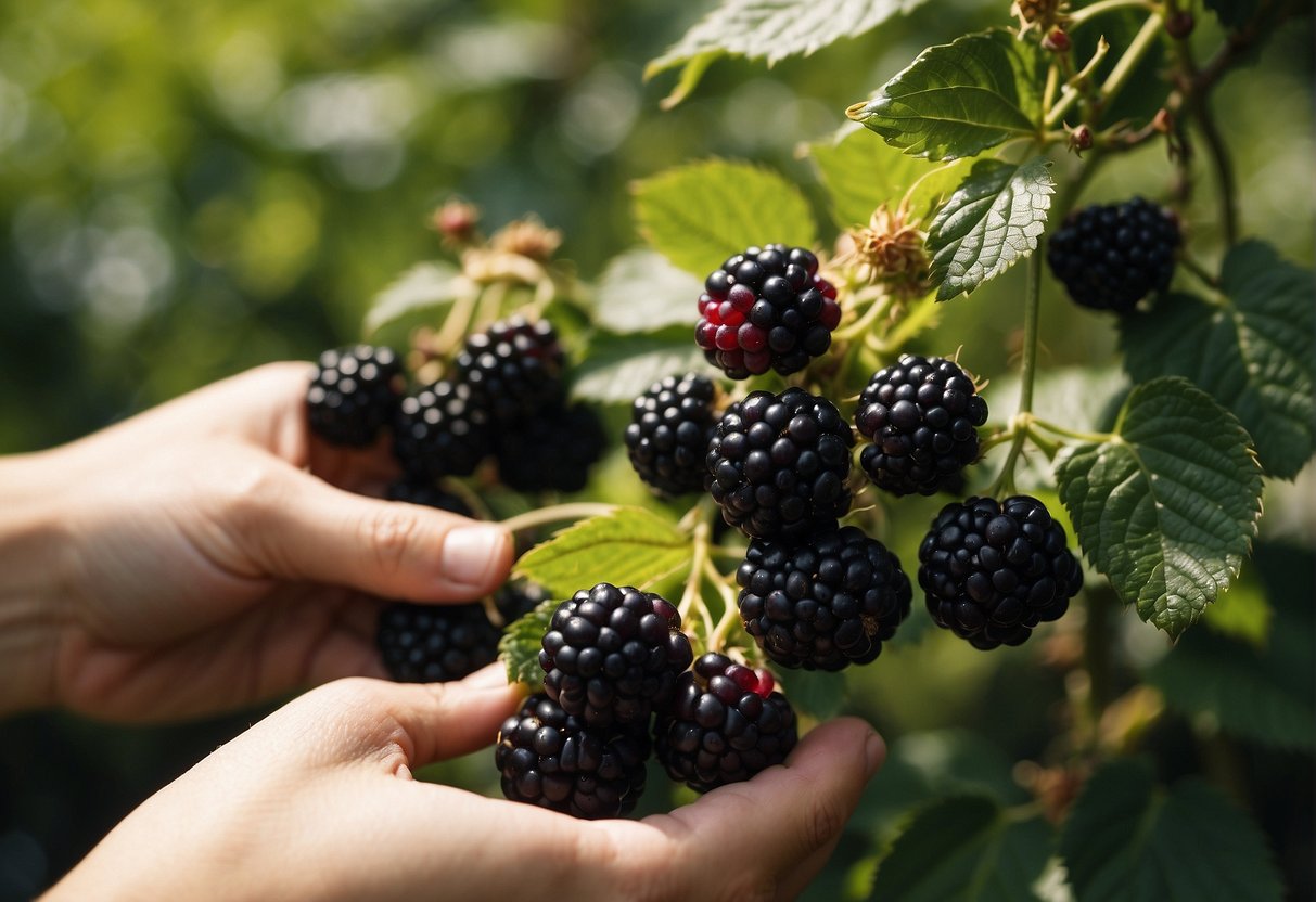 Ripe blackberries being plucked from thorny bushes, with seeds being carefully extracted and stored for use