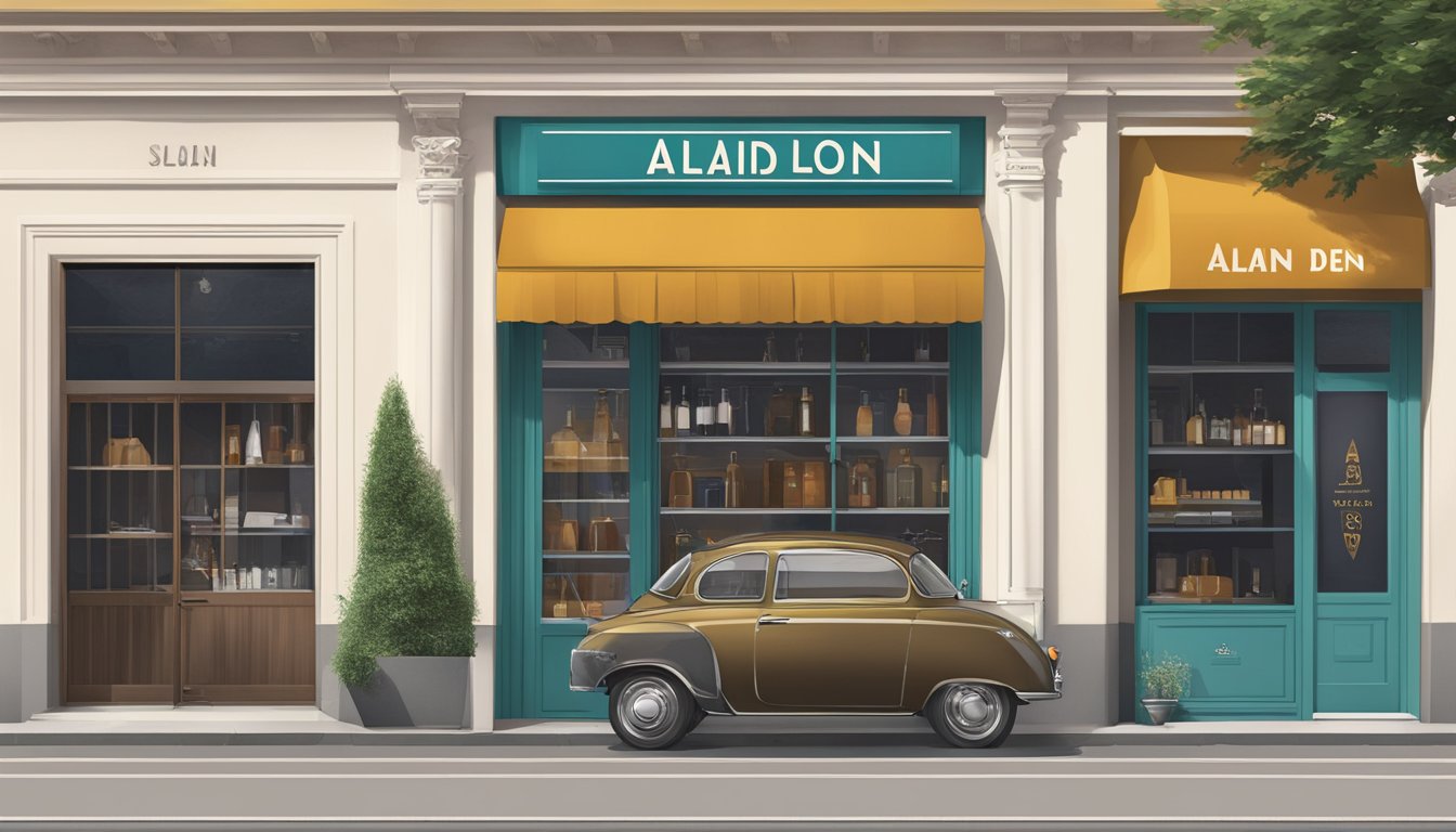 A sleek, minimalist storefront with bold, modern signage for "Alain Delon" brand