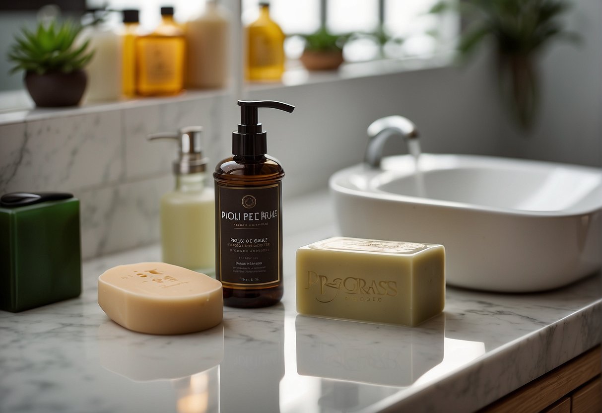 A bar of soap labeled "pour peau grasse" sits on a bathroom counter, surrounded by oil control products