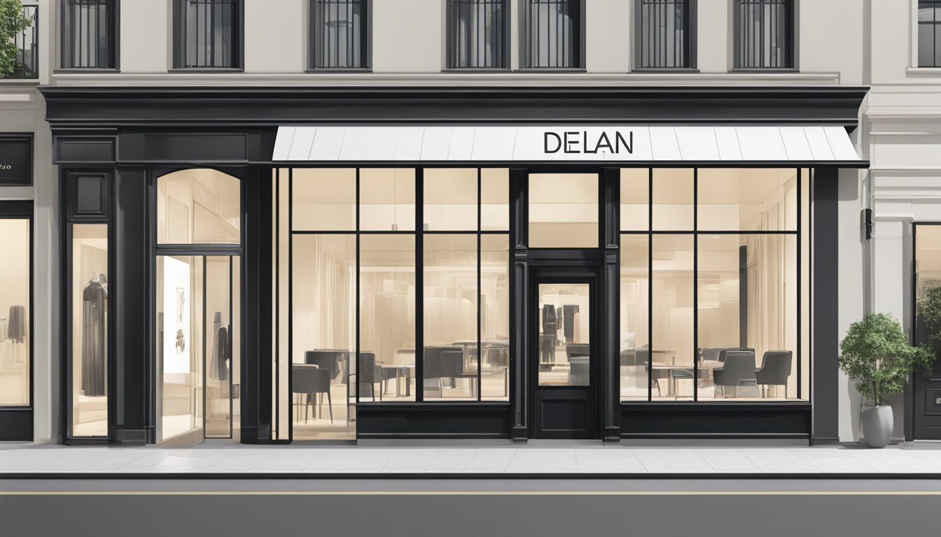 A sleek, minimalist storefront with the Alain Delon logo prominently displayed. Clean lines and modern design exude sophistication