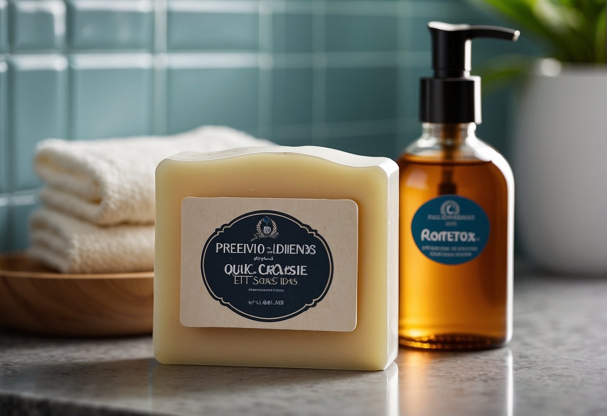 A bar of soap labeled "Prévention et Soins Quotidiens quel savon pour peau grasse" placed next to a bottle of facial cleanser on a bathroom counter
