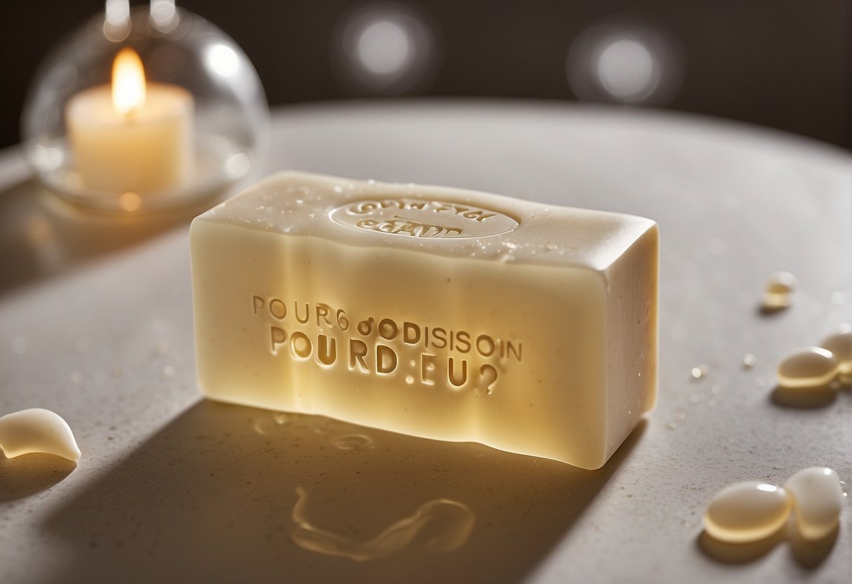 A bar of soap labeled "pour peau grasse" surrounded by question marks