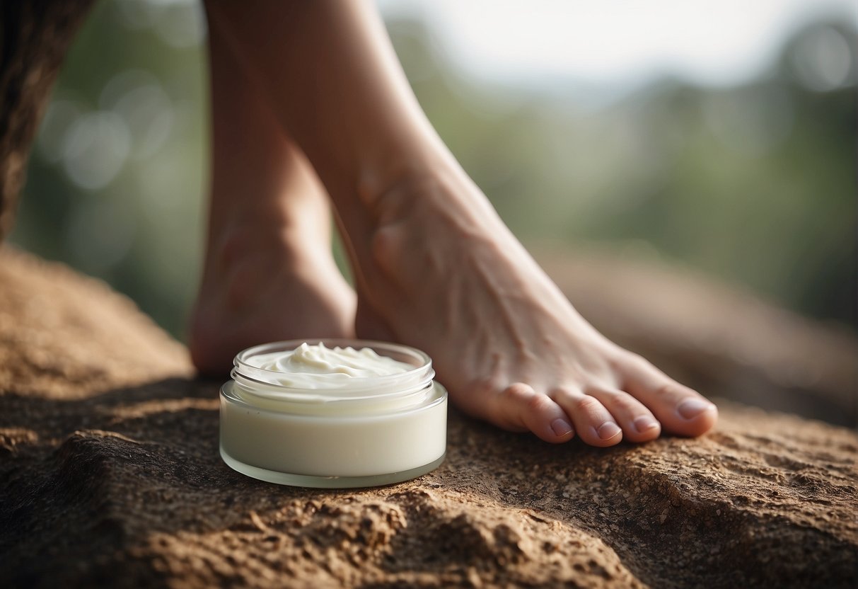 A close-up view of flaky, dry skin on the feet. A foot file and moisturizing cream nearby