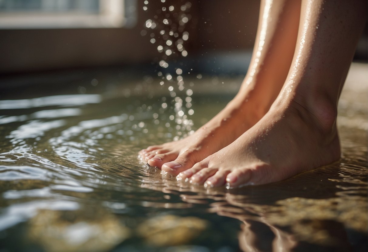 Feet soaking in warm water, dead skin being gently exfoliated with a pumice stone, revealing smooth, healthy skin underneath