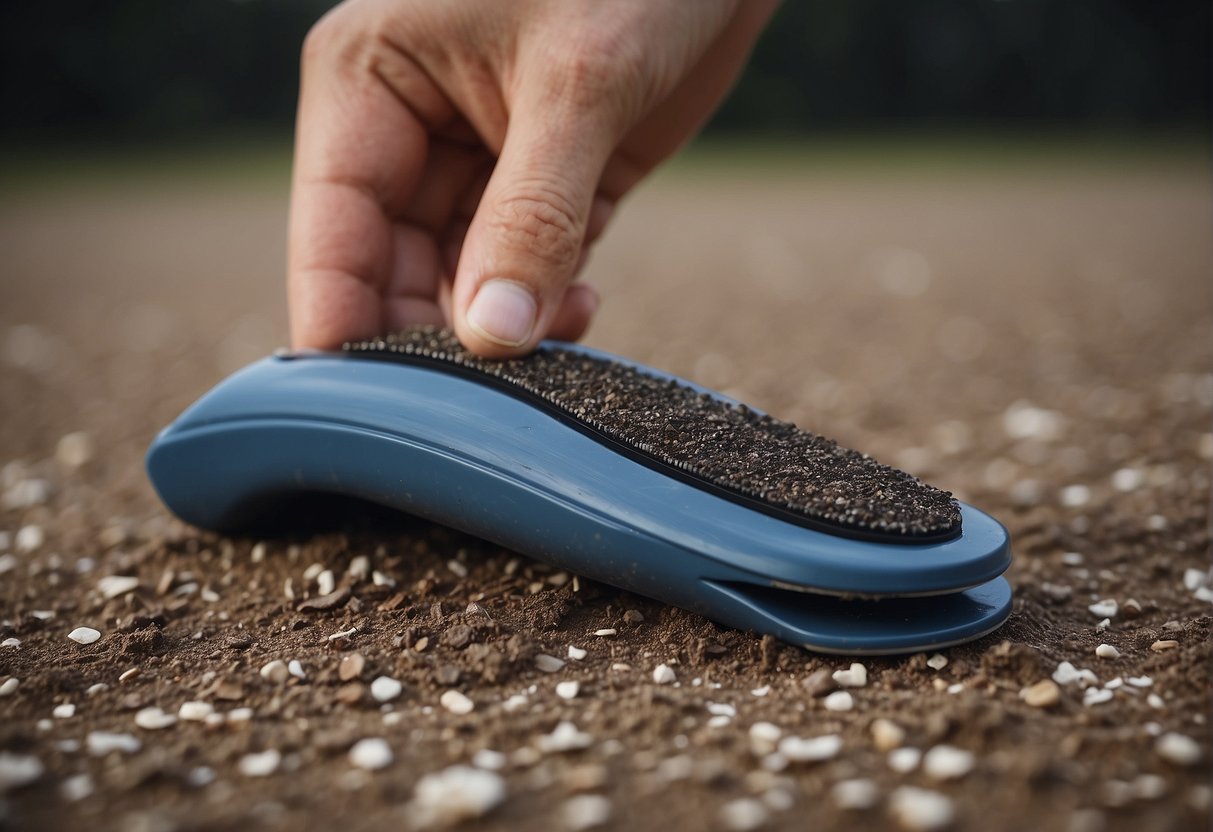A person using a foot file to remove dead skin from their feet, with small flakes of skin visible on the tool and the ground