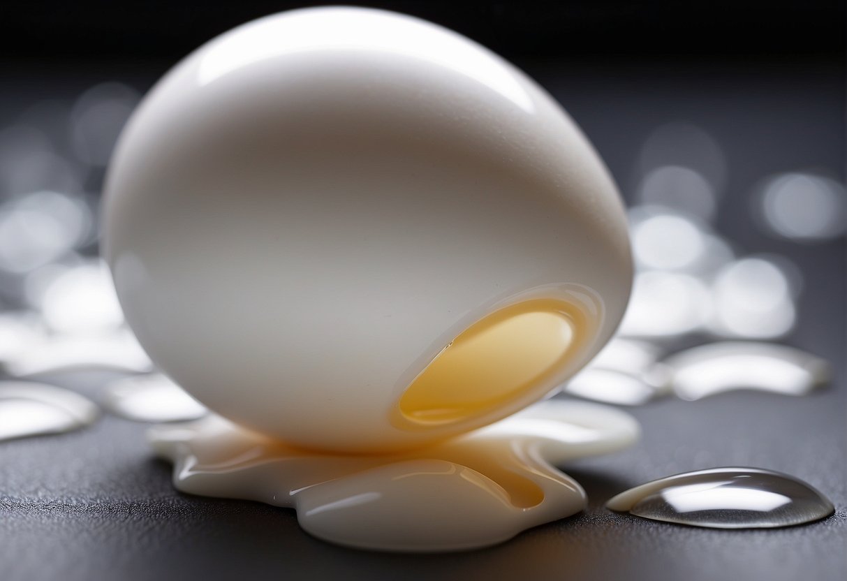 A clear, smooth egg white is spread on the surface of the skin, creating a thin, glossy layer that appears to tighten and firm the skin