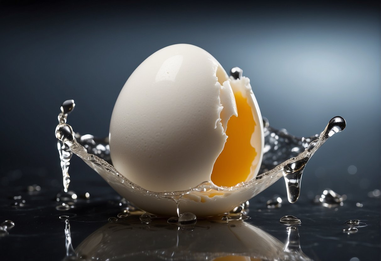 A white egg cracked open, with the clear, viscous egg white dripping down the side of a smooth, clean surface