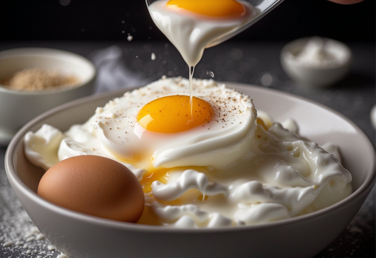 A bowl of egg whites being whisked vigorously, with a soft, foamy texture forming. A small dollop of the mixture being applied to a smooth surface, demonstrating its potential skincare benefits
