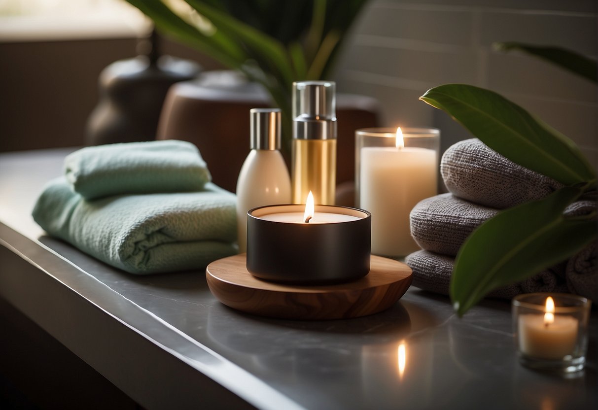 A serene spa setting with skincare products neatly arranged, soft lighting, and a comfortable treatment chair, evoking a sense of relaxation and luxury