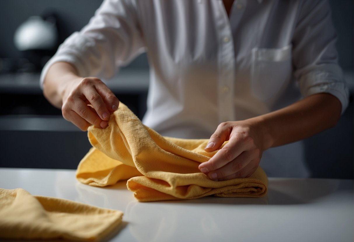A person applies a warm cloth to remove wax from skin