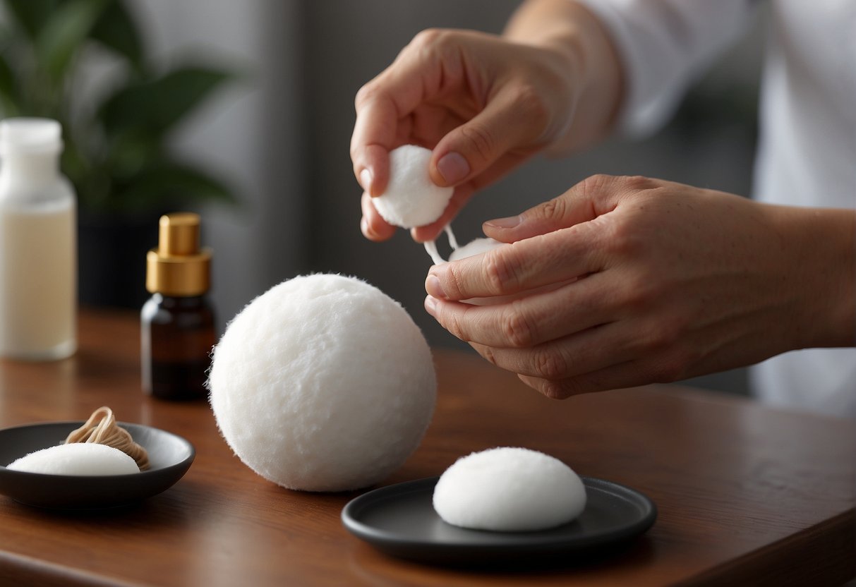 A person using a cotton ball to remove wax from skin, with a bottle of oil nearby for treatment