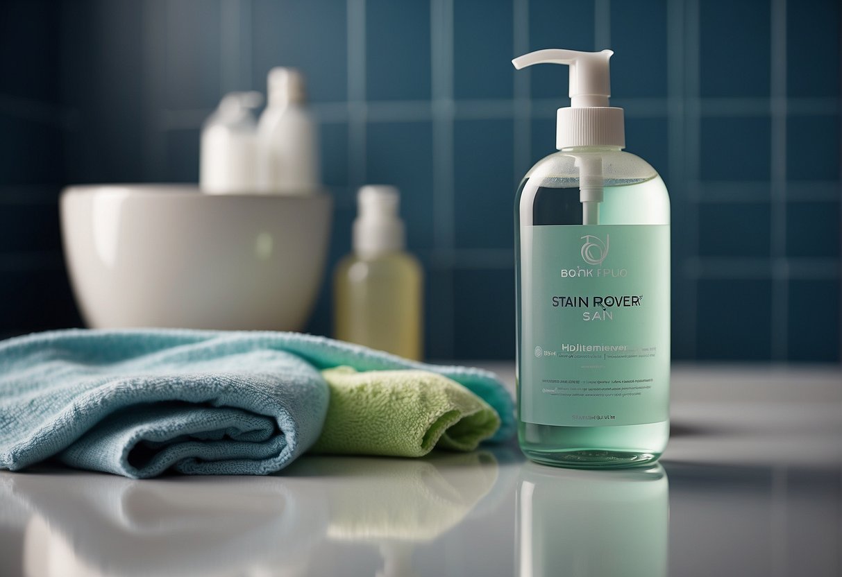 A bottle of stain remover sits next to a cloth on a bathroom counter, with a small blotch of dye on the skin