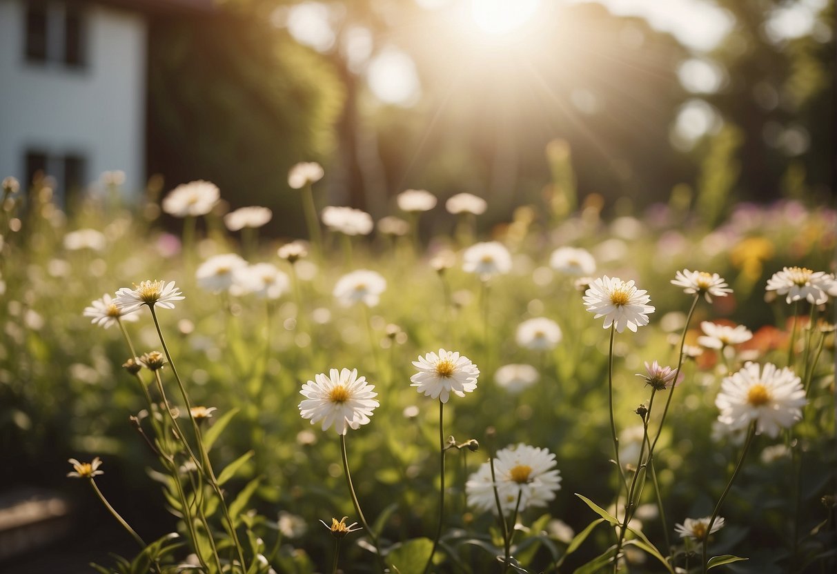 A serene, sunlit garden with blooming flowers and a gentle breeze, evoking a sense of tranquility and natural beauty