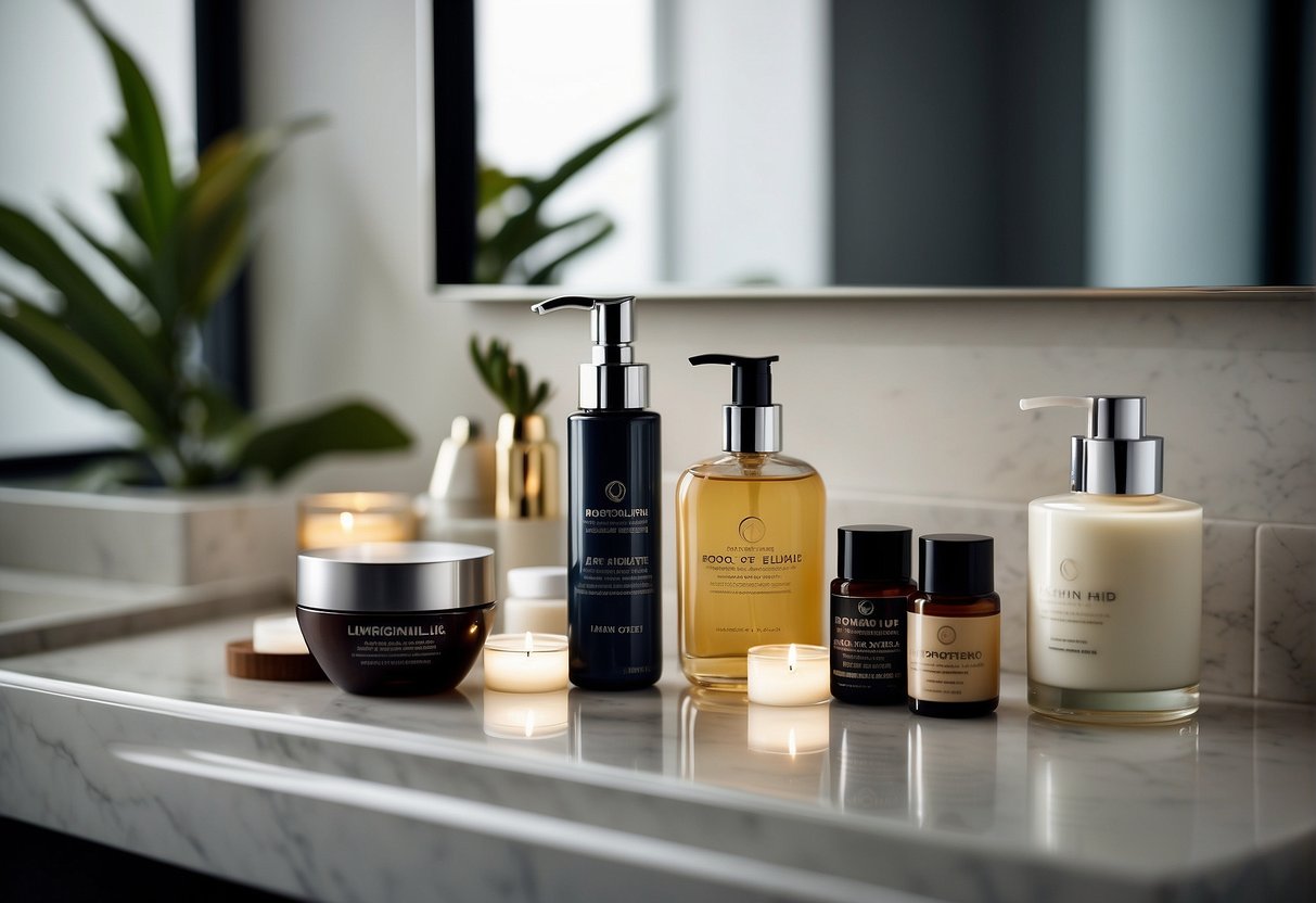 A variety of skincare products arranged neatly on a bathroom counter, with a mirror reflecting a glowing, healthy complexion