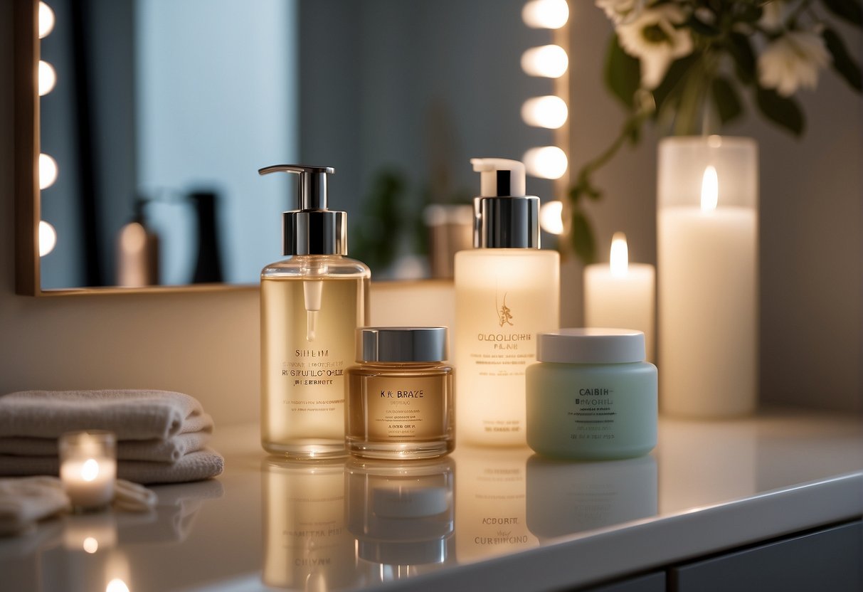 A serene bathroom with skincare products neatly organized on a vanity. Soft lighting casts a warm glow, creating a peaceful and inviting atmosphere for a beauty routine