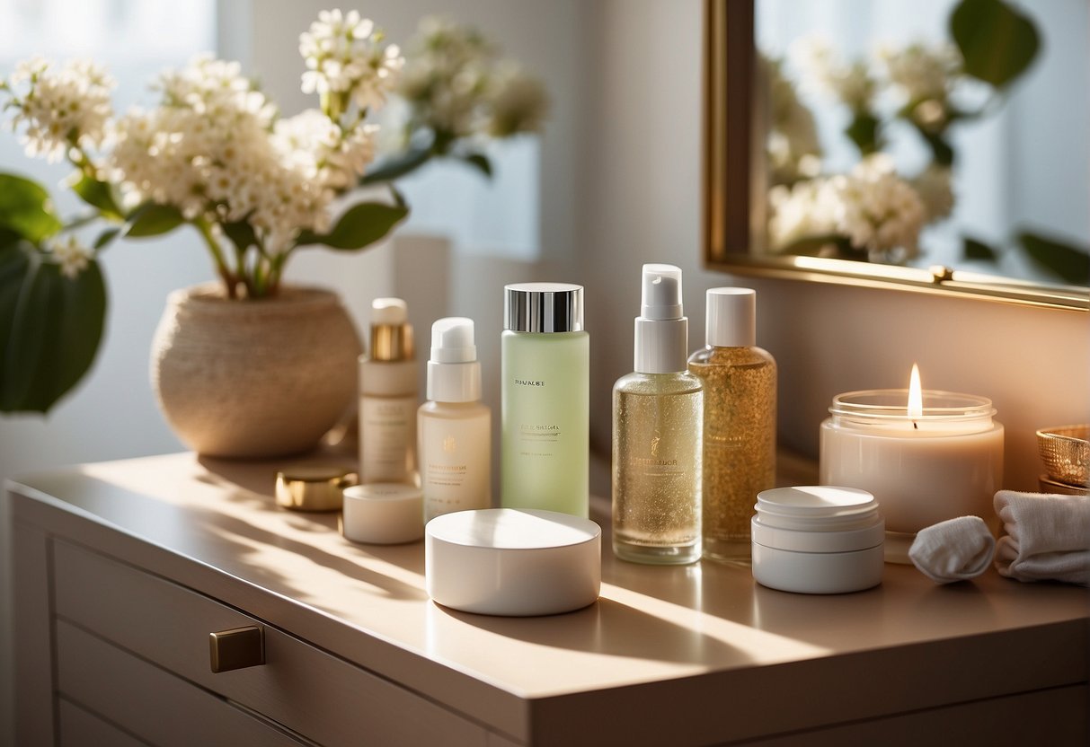 A serene, sunlit room with skincare products neatly arranged on a vanity table. Soft, natural lighting illuminates the space, creating a peaceful ambiance