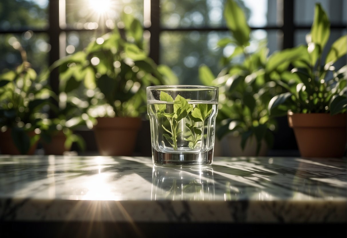 A clear glass of water sits on a marble countertop, surrounded by lush green plants. Sunlight streams through a nearby window, casting a warm glow on the scene