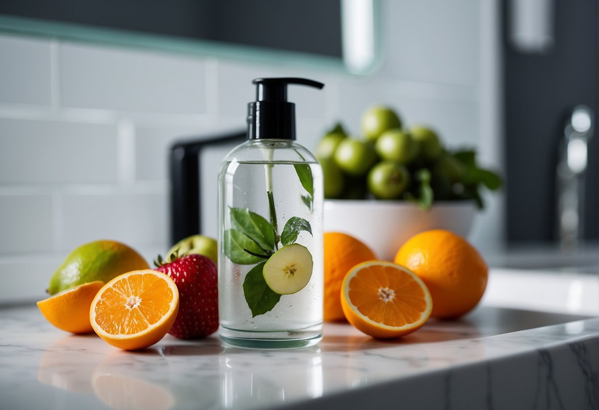 A bottle of moisturizer surrounded by fresh fruits and a glass of water on a clean, organized bathroom counter