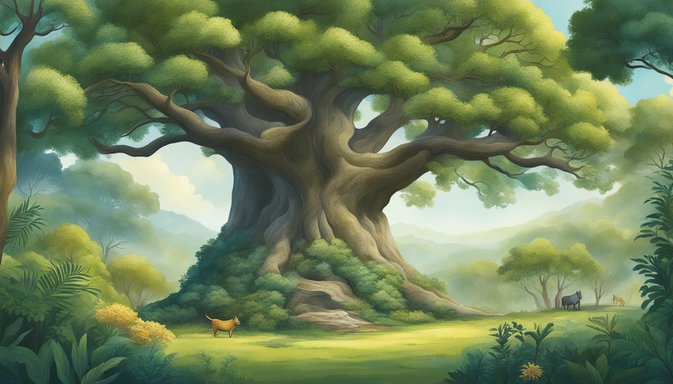 A serene landscape with a strong oak tree symbolizing stability and growth, surrounded by diverse flourishing plants and animals, representing HBF's investment philosophy