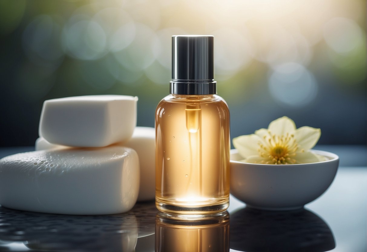 A bottle of moisturizer surrounded by various skincare products and a glass of water, with a gentle mist in the background