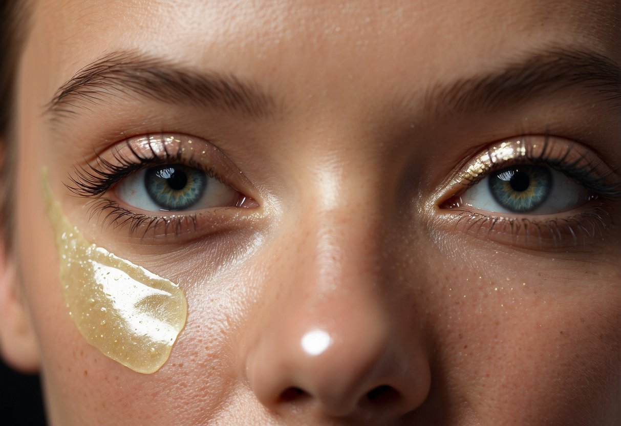 A person using oil-absorbing sheets on their shiny skin