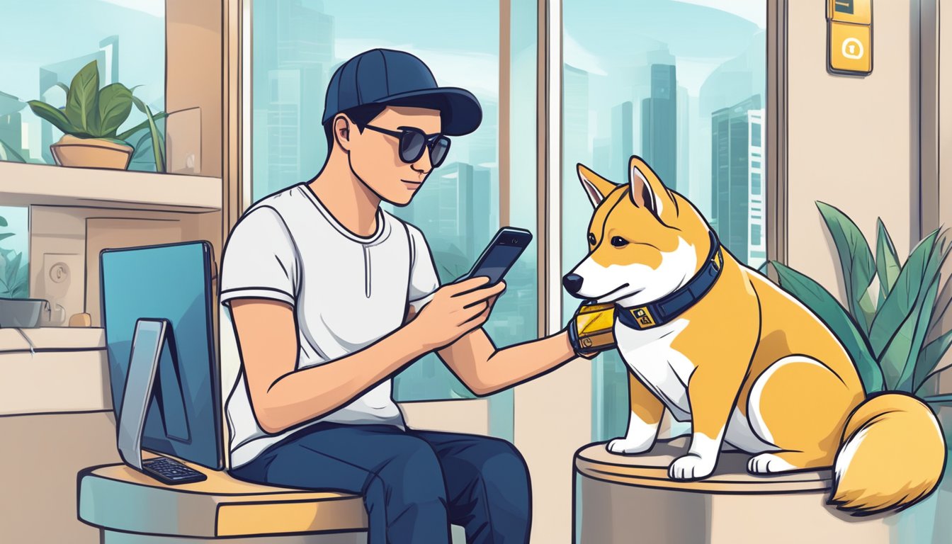 A person in Singapore buys Dogecoin online, using a smartphone and credit card for the purchase