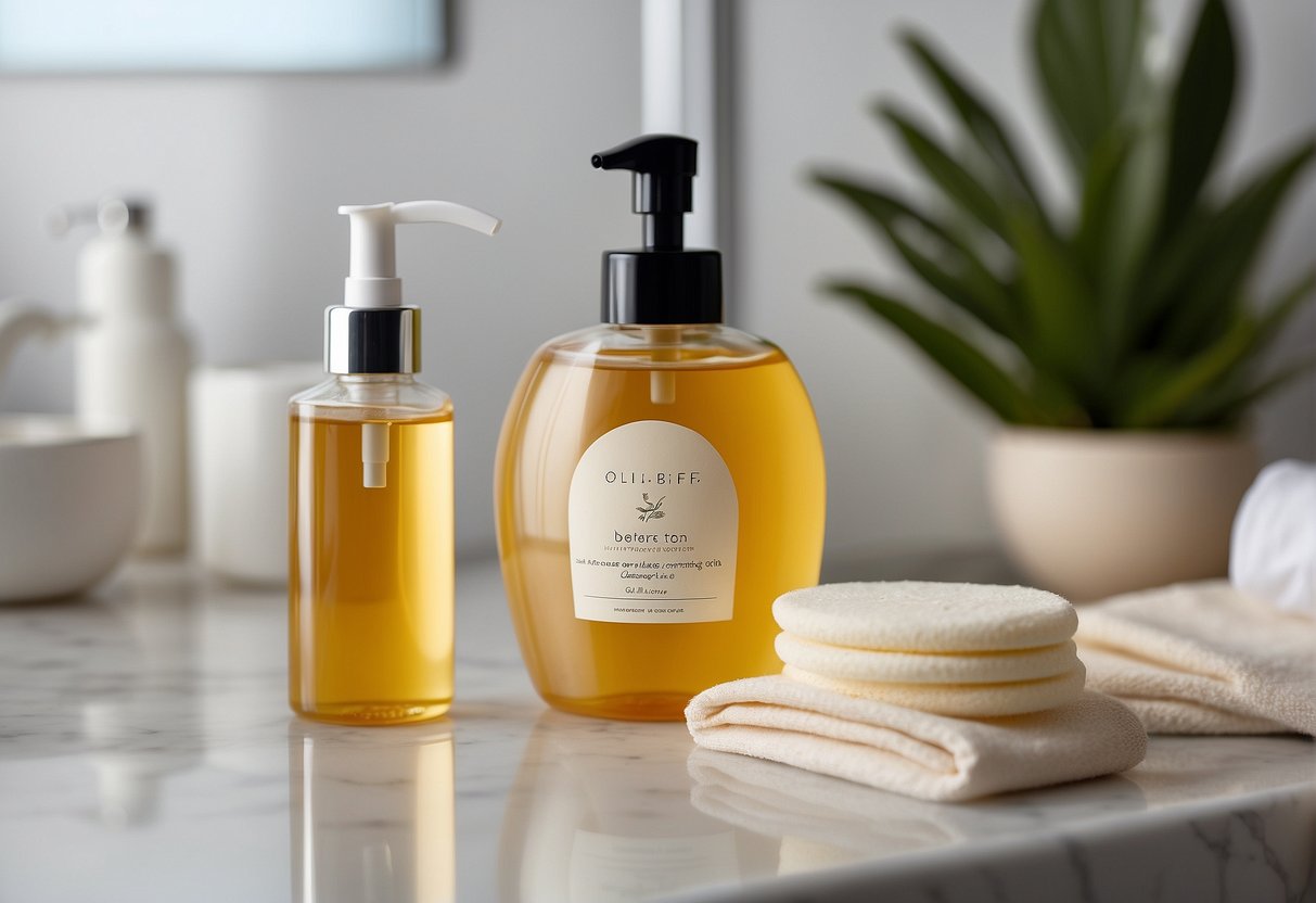 A bottle of oil-free cleanser and a mattifying moisturizer sit on a bathroom counter. A blotting paper and a pack of oil-absorbing sheets are scattered nearby
