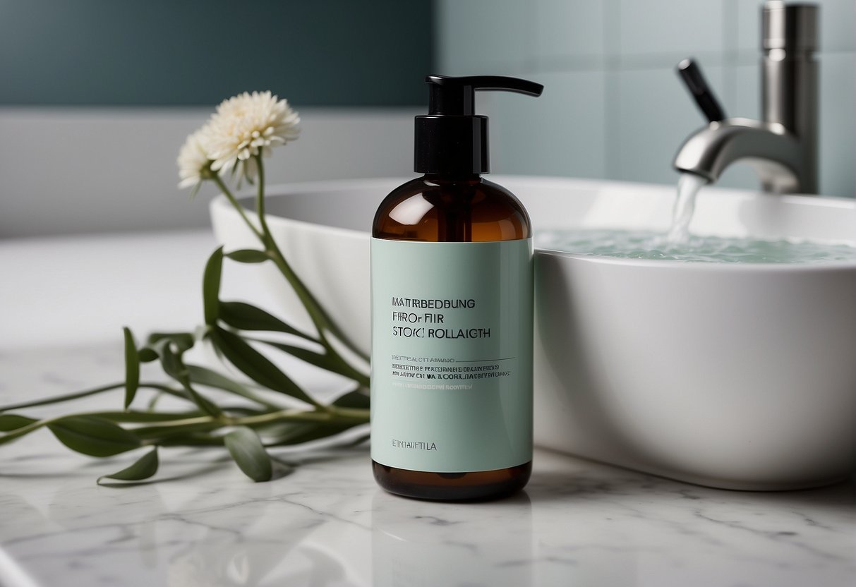 A bottle of oil-absorbing face wash sits next to a mattifying moisturizer, with blotting papers and a clay mask nearby. The background features clean, minimalist bathroom decor