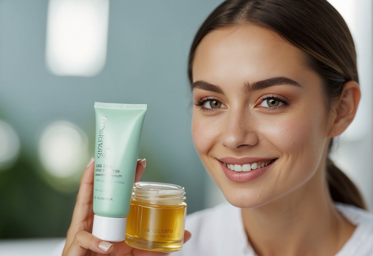 A person using oil-absorbing skincare products, with a clear, matte complexion, and a satisfied expression