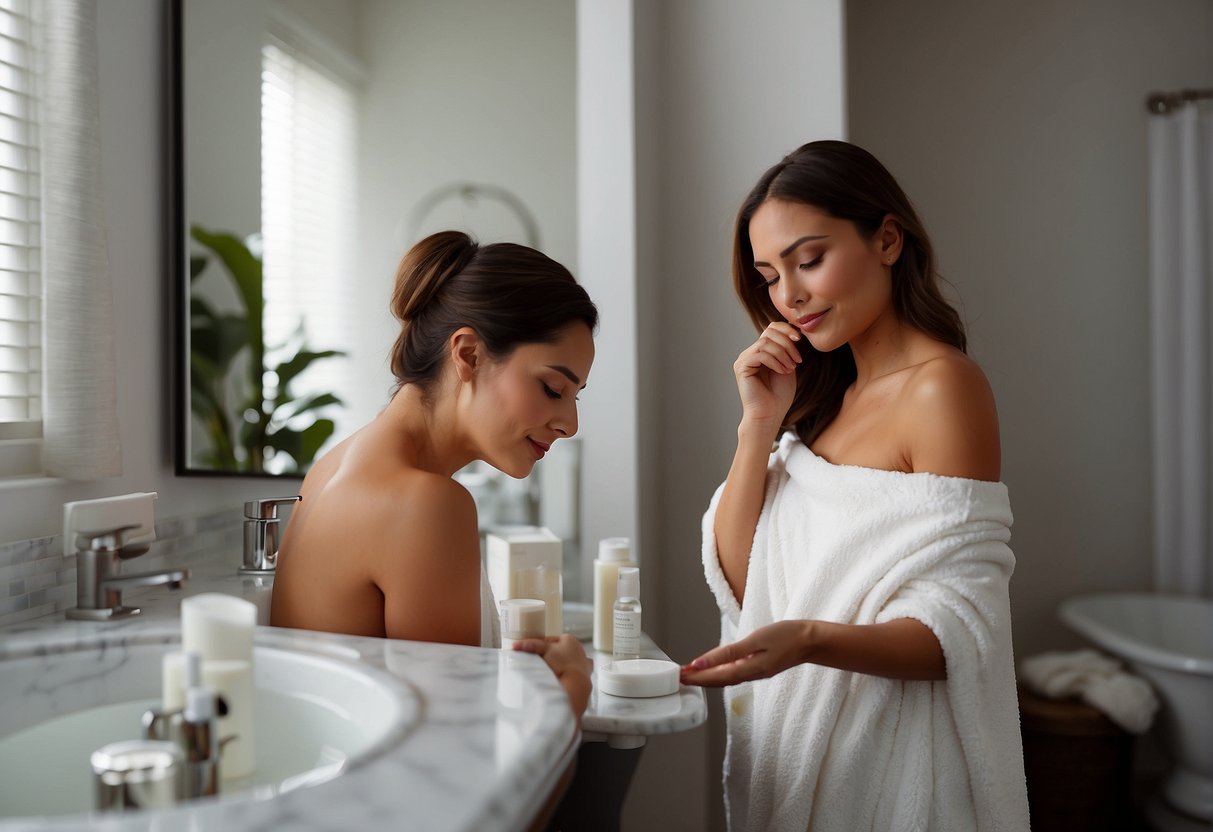 A serene woman applies moisturizer in a well-lit bathroom, surrounded by skincare products and a plush towel