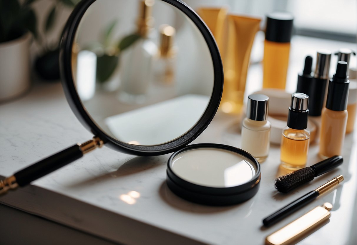 A magnifying glass examining different skin types and skincare products on a clean, organized table