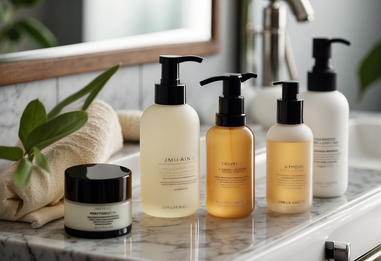A bathroom counter with skincare products arranged neatly, including cleanser, toner, moisturizer, and sunscreen, with a soft towel and a mirror
