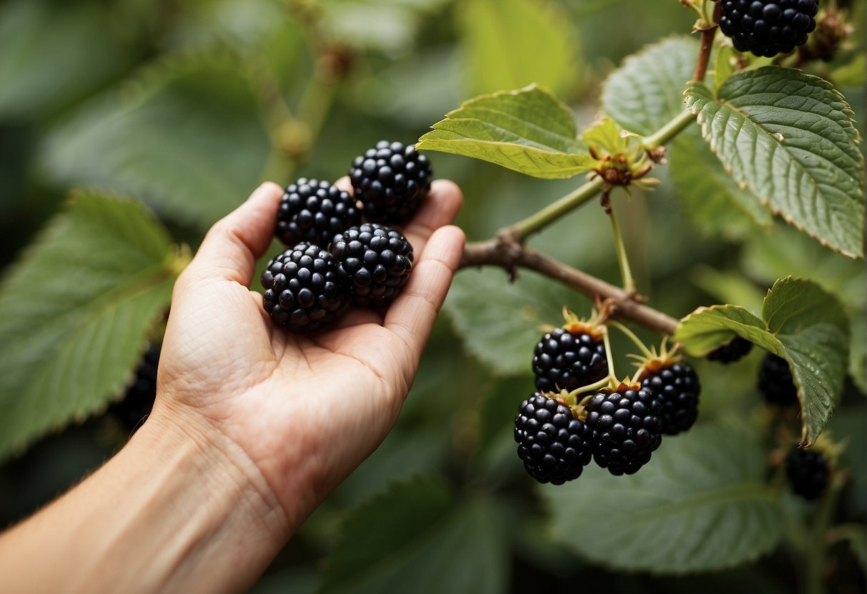 A hand reaches for ripe blackberries among a variety of plants, carefully selecting the best specimens for seeding