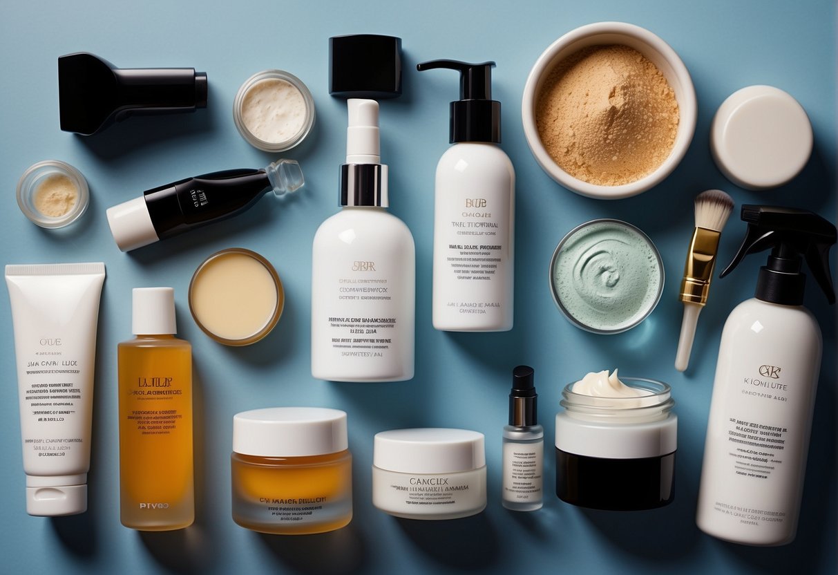 A skincare routine laid out on a clean, organized surface with various products and tools neatly arranged