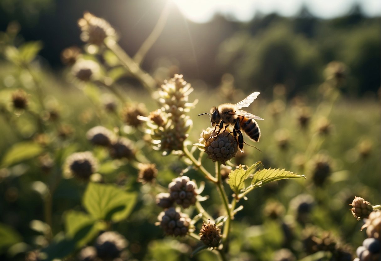 Bees buzz around ripe blackberries in a sun-drenched field, while birds flit between the bushes, enjoying the harvest